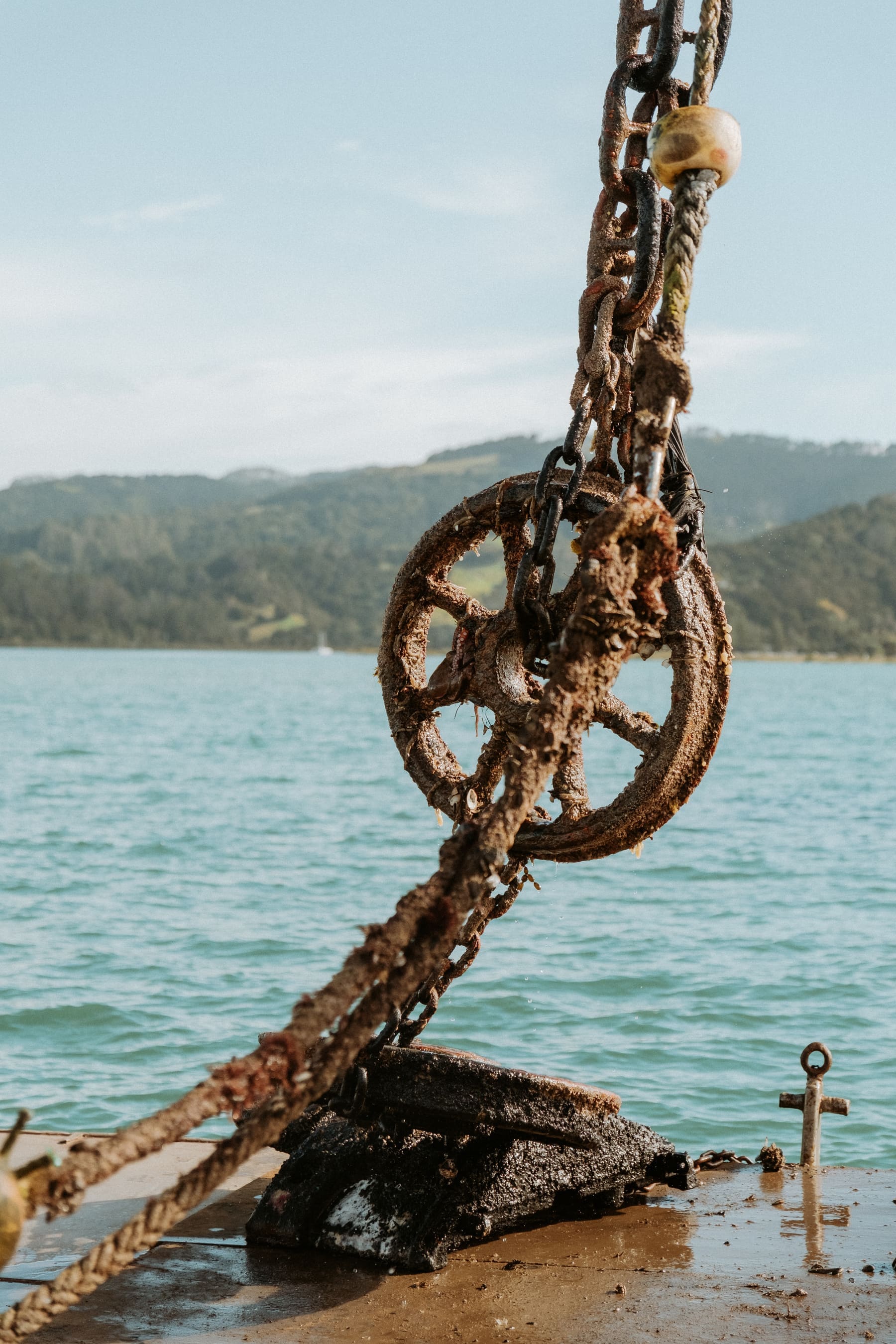 Worn mooring tackle pulled up for inspection